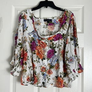 Rachel Roy Linen Square Ruffled Floral‎ Blouse